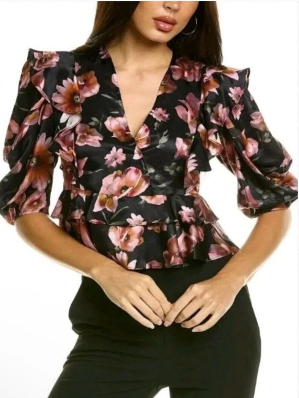 The Kooples Black Silk Blend Floral Print Ruffle Blouse